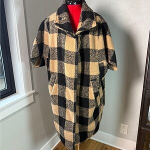 Cory Black Tan Buffalo Plaid Wool Blend Short Sleeve Coat Plus Size 1X